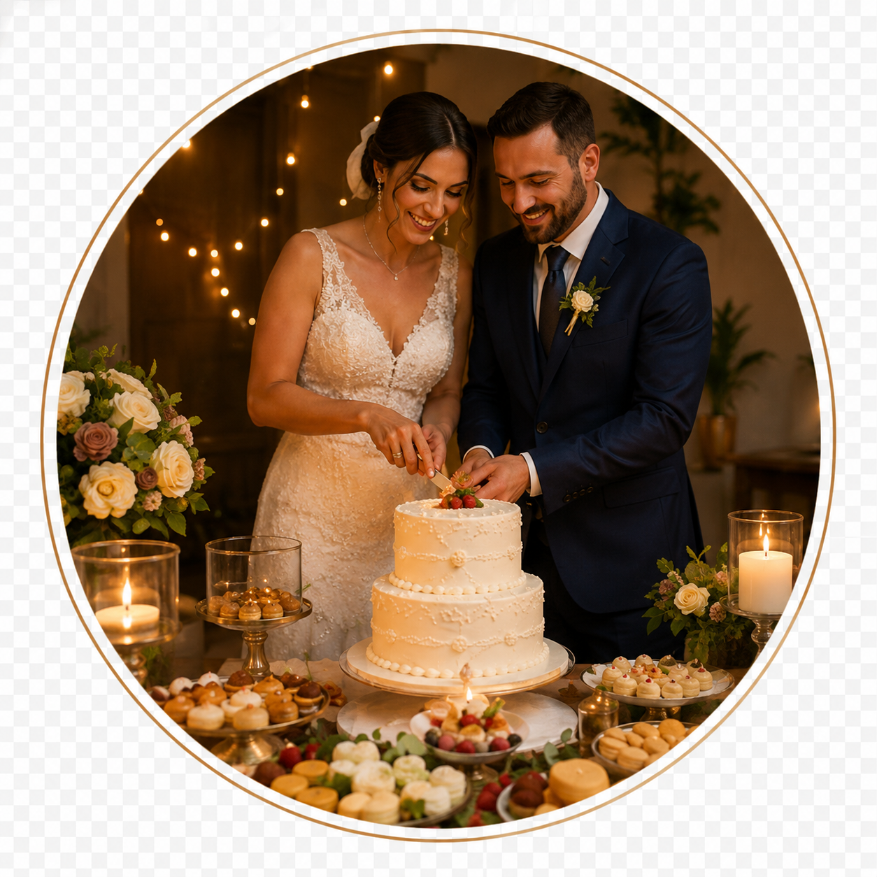 Casal celebrando o casamento e cortando o bolo