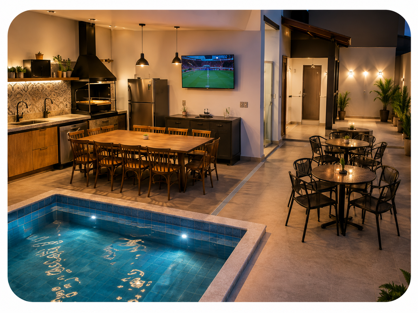 Piscina e área gourmet do espaço Família Tx, iluminadas para receber convidados